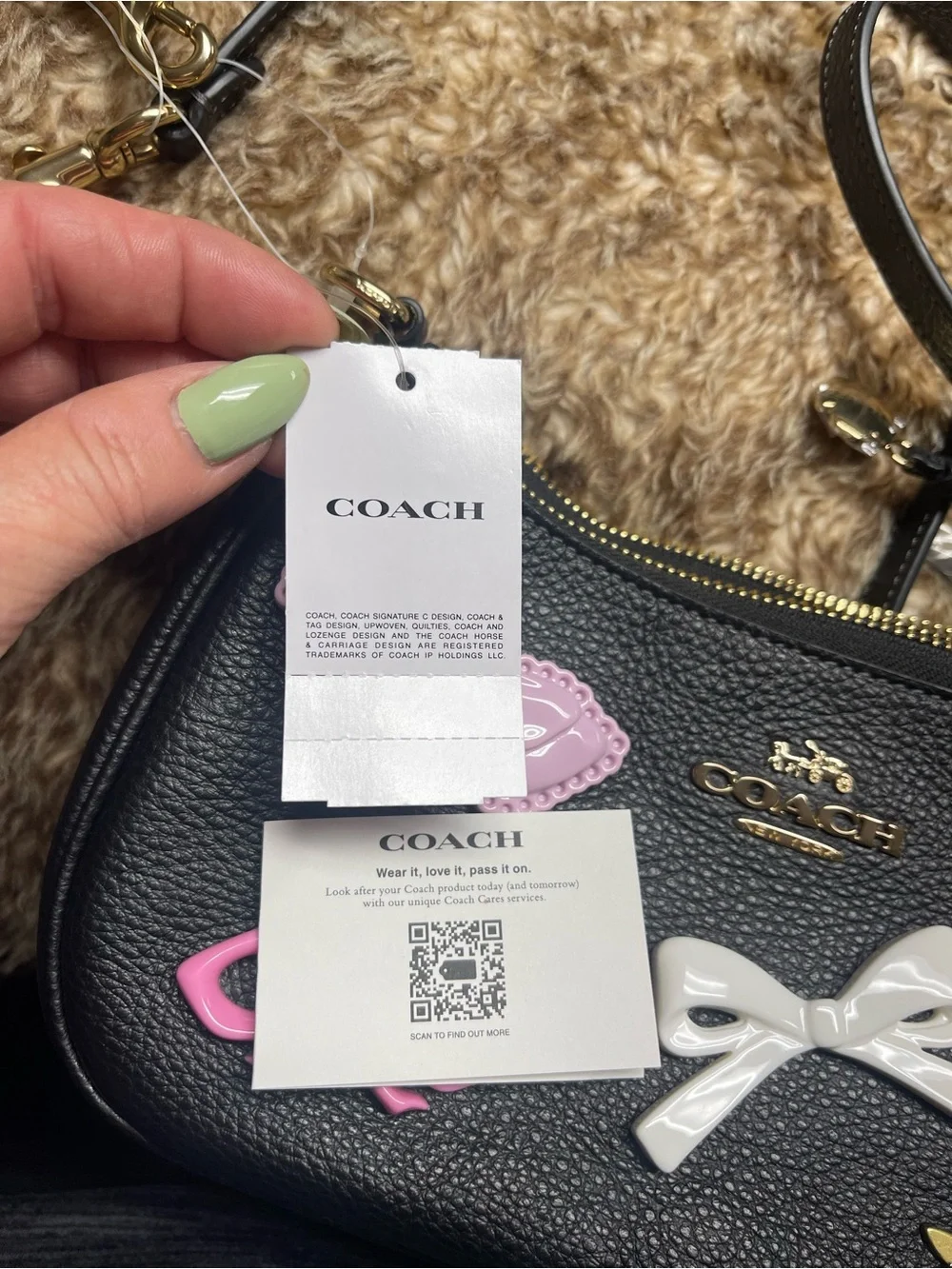 Coach Black Pebbled Leather Tag Charm with Gold-Tone Accent